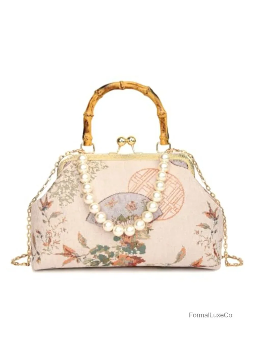 Embroidered Silk Kiss Lock Clutch Purse with Detachable Chain Strap